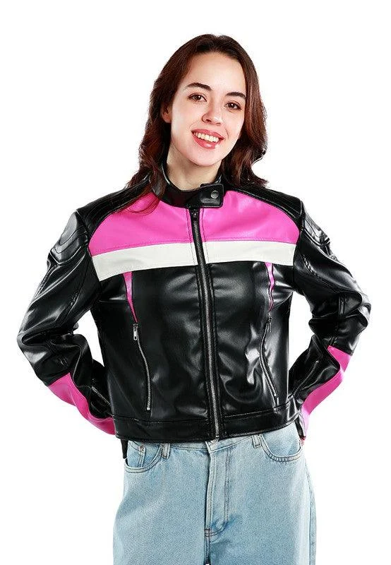 Great Deals urban style jacketColor Block Faux Leather Biker Jacket