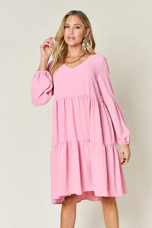 Huge Discounts wool dressDouble Take Full Size V-Neck Balloon Sleeve Tiered Dress