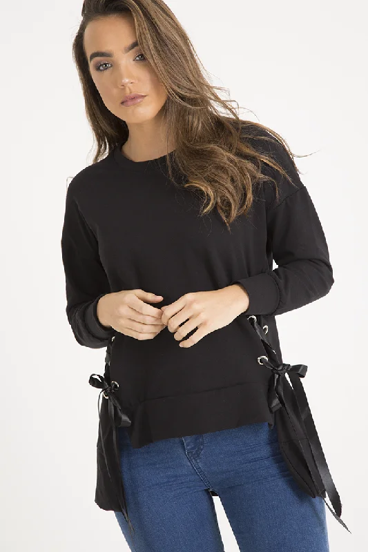 Limited Quantity soft fleece pulloverBlack Ribbon Lace Up Dipped Hem Jumper - Wilma