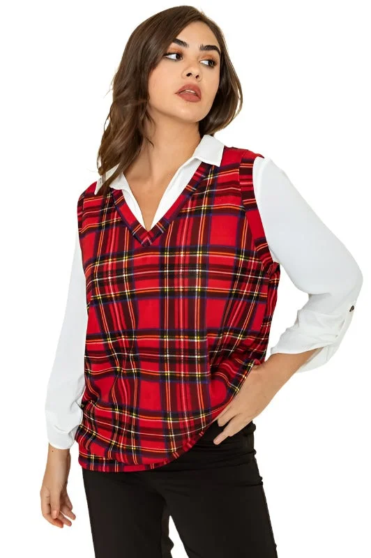 Inventory Reduction stylish rain jacketWomens Red Tartan Plaid Pullover Vest