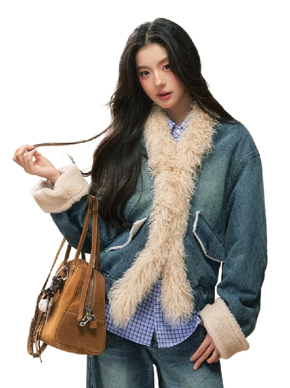 Grand Opening Sale long-sleeve jacketLoose Denim Fur-Trimmed Jacket