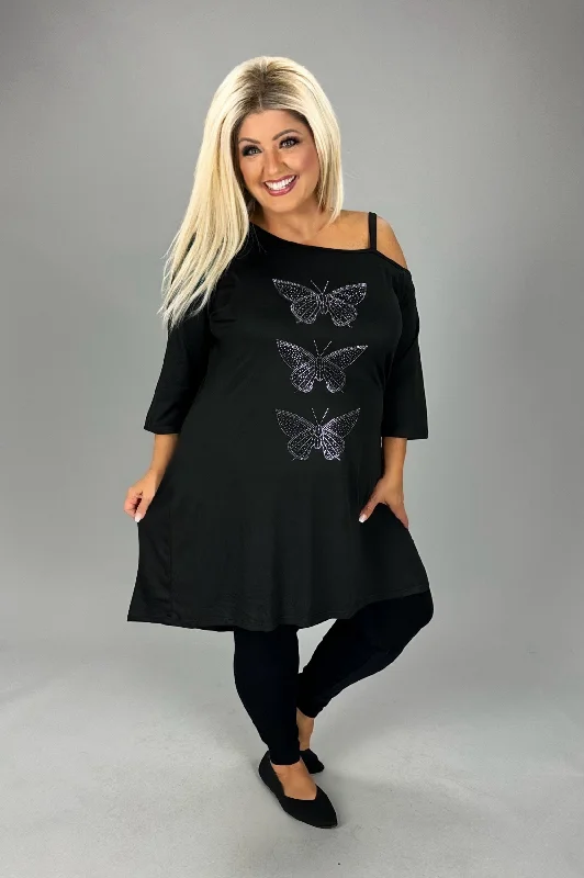 Buy Now casual evening dressSALE!! CW Black Sequin Butterfly 1 Open Shoulder Tunic