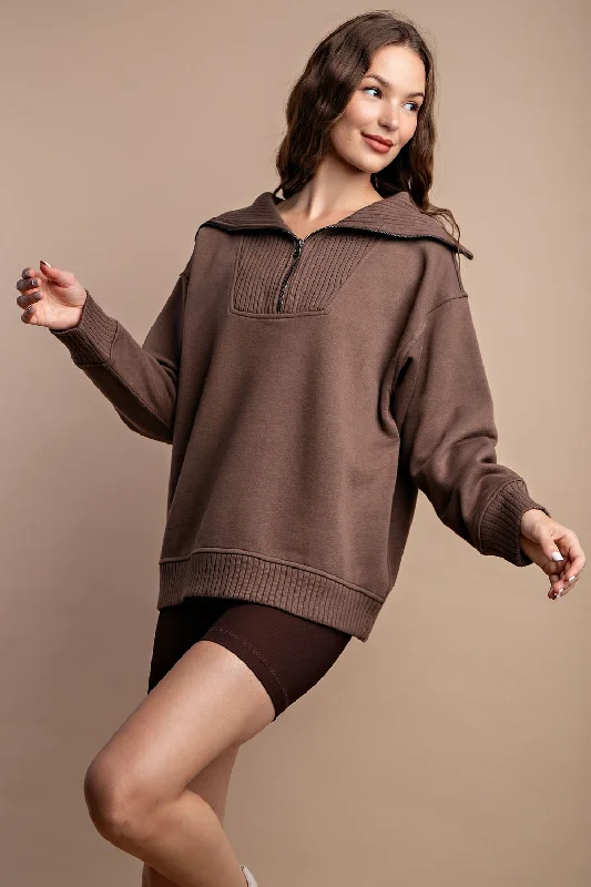 Flash Sale urban style jacketFleece French Terry Mock Neck 1/4 Zip Pullover- Coffee