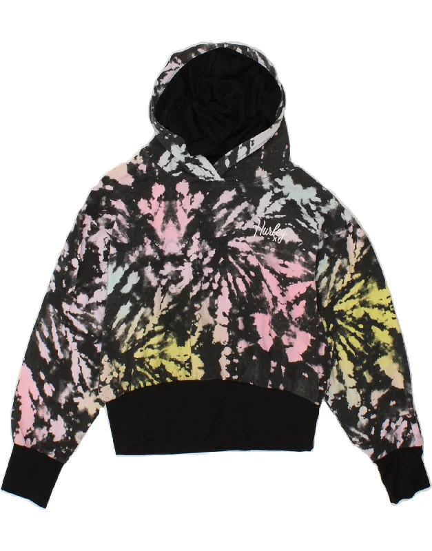 Limited Stock HURLEY Girls Hoodie Jumper 12-13 Years Large Black Tie Dye Polyester