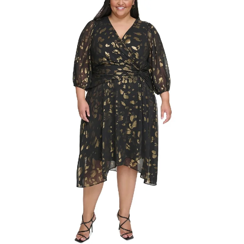 Special Offer fitted cocktail dressDKNY Womens Plus Faux Wrap Hi-Low Fit & Flare Dress