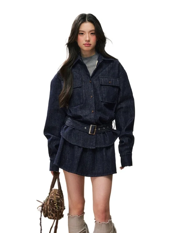 Special Savings cozy jacketFleece-Lined Waist-Cinched Denim Jacket Set