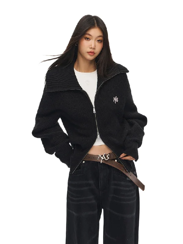 Don't Wait comfortable zip jacketBlack Loose Fit Double Zipper Knit Cardigan