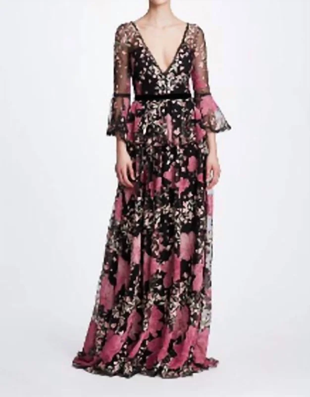 Mega Sale layered dressBell Sleeve V Neck Floral Gown In Black