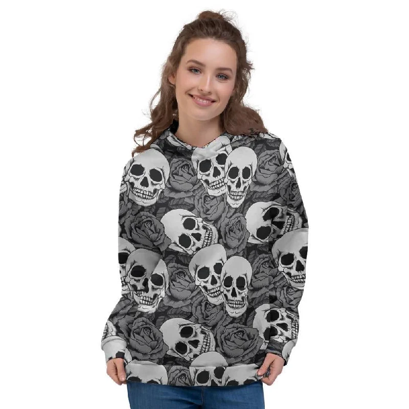 Buy Now Black And White Rose Floral Skull Women's Hoodie
