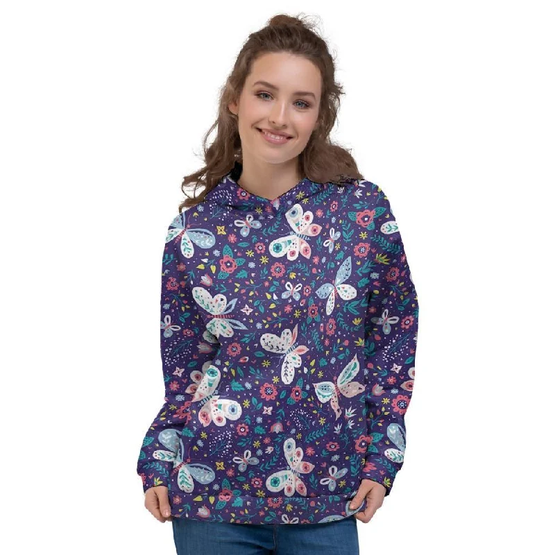 Super Deal Blue Butterfly Floral Print Women's Hoodie