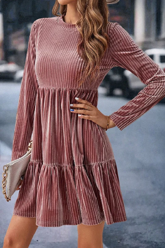 Flash Sale fitted cocktail dressRibbed Round Neck Ruffle Hem Mini Dress