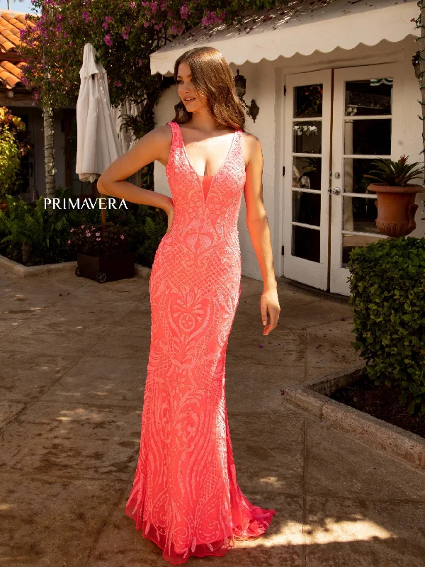 Best Seller formal dressPrimavera Couture 3722 Size 00 Coral Iridescent Prom Dress V Neckline V Back Long Sequins Evening Gown