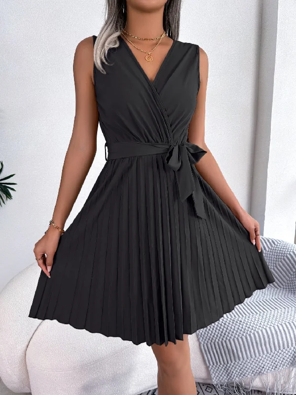 Super Sale elegant dressTied Surplice Sleeveless Pleated Dress