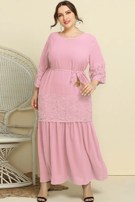 Get It Before It’s Gone puff sleeve dressPlus Size Spliced Lace Tassel Belted Dress