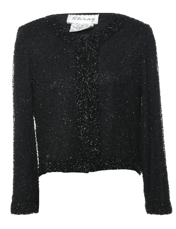 Anniversary Sale chic lightweight jacketBeaded Black Silk Evening Jacket - M