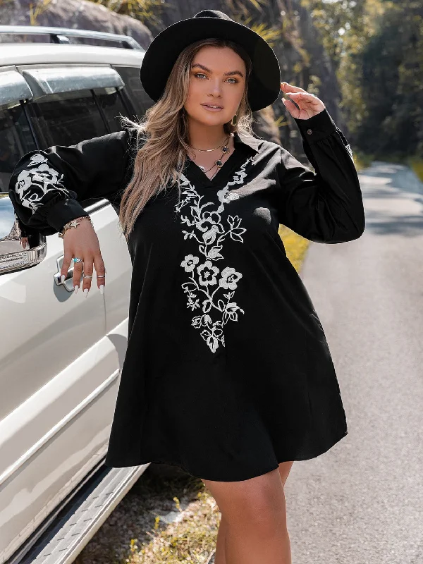 Exclusive Savings casual day dressPlus Size Embroidered Long Sleeve Mini Dress