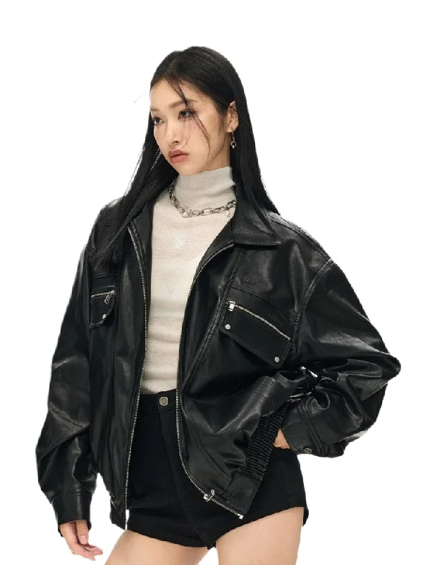 Super Deal trendy bomber jacketBlack & White Vintage Silhouette Collar Moto Jacket