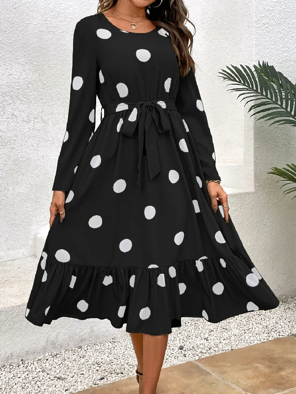Buy More, Save More minimalistic dressTied Polka Dot Round Neck Ruffle Hem Dress