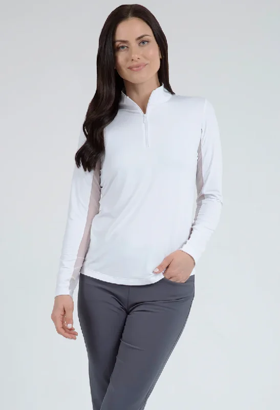 Instant Savings street style jacketIBKUL Women's Long Sleeve Mock Neck 1/4 Zip Top- White