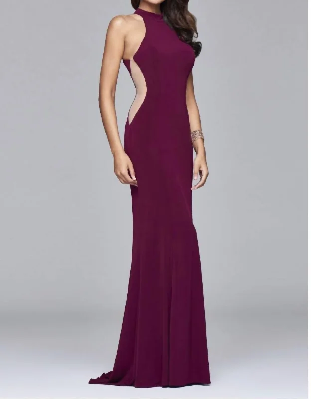 Price Slash high-waisted dressSide Mesh Cut Out Evening Gown In Bordeaux