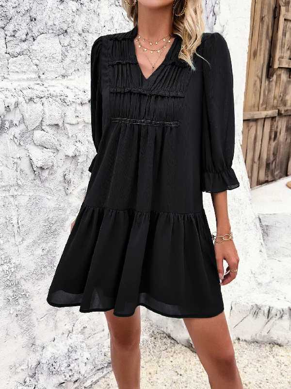 Massive Deals wool dressRuched Notched Flounce Sleeve Dress