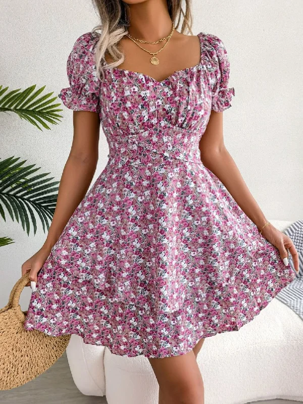 Bonus Savings summer dressFloral Sweetheart Neck Flounce Sleeve Mini Dress