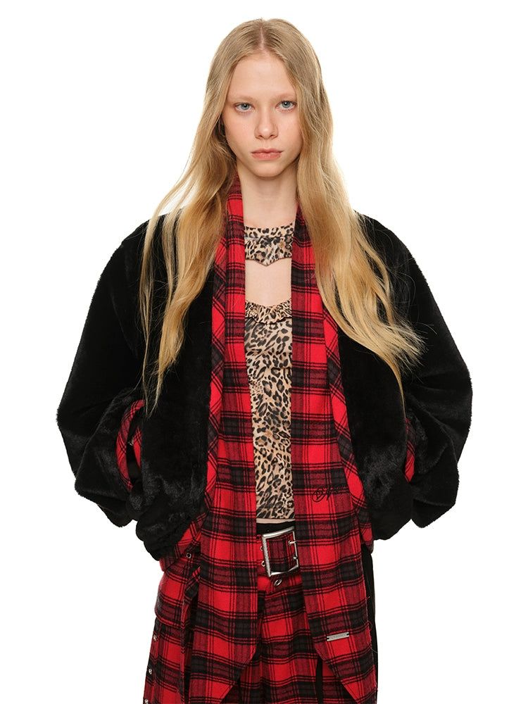 Weekend Deal warm weather jacketShort Color-Block Rabbit Fur Tie Jacket