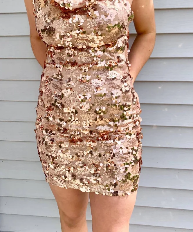Don't Miss romantic dressRose Gold Sequin Cowl Neck Mini Dress