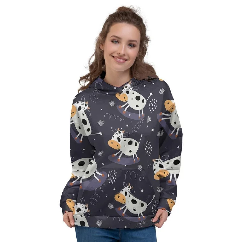 Price Fest Black Cartoon Cow Print Women's Hoodie