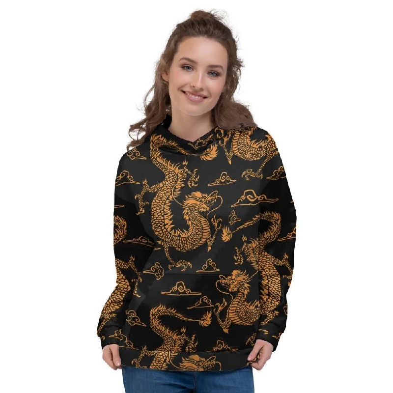 Super Sale Gold Janpanese Dragon Print Women's Hoodie