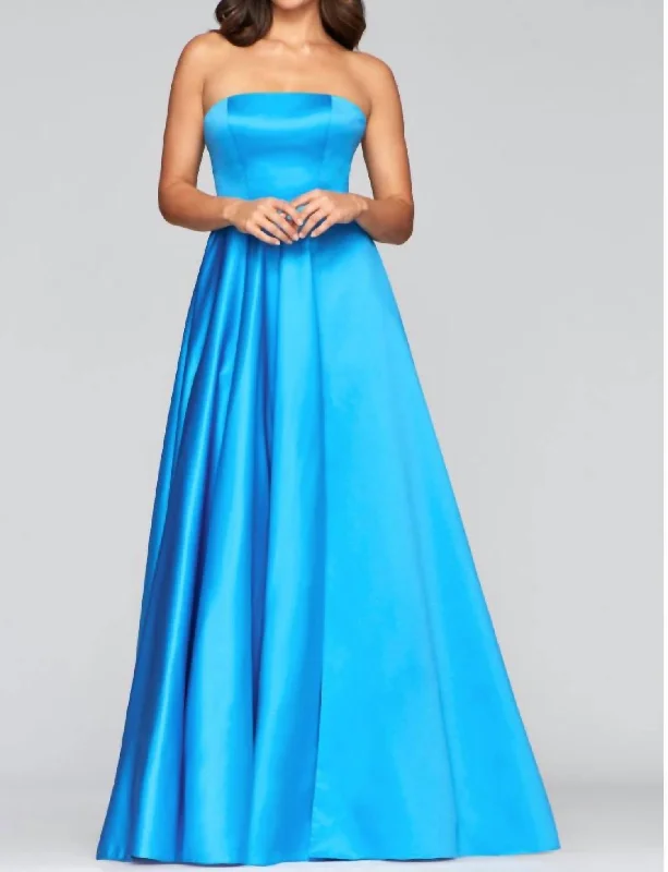 Hurry In puff sleeve dressSatin Strapless Ball Gown In Sea Blue