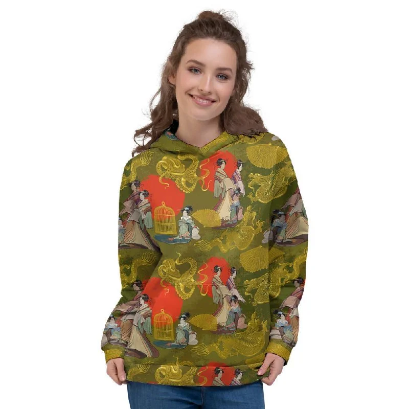 While Supplies Last Geisha Japanese Dragon Print Women's Hoodie