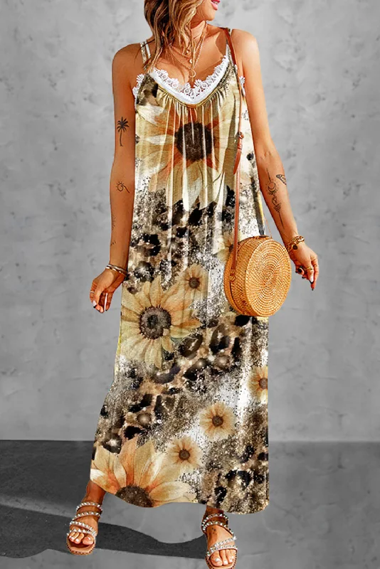 Sale Event elegant maxi dressLeopard Sunflower Spaghetti Strap Dress