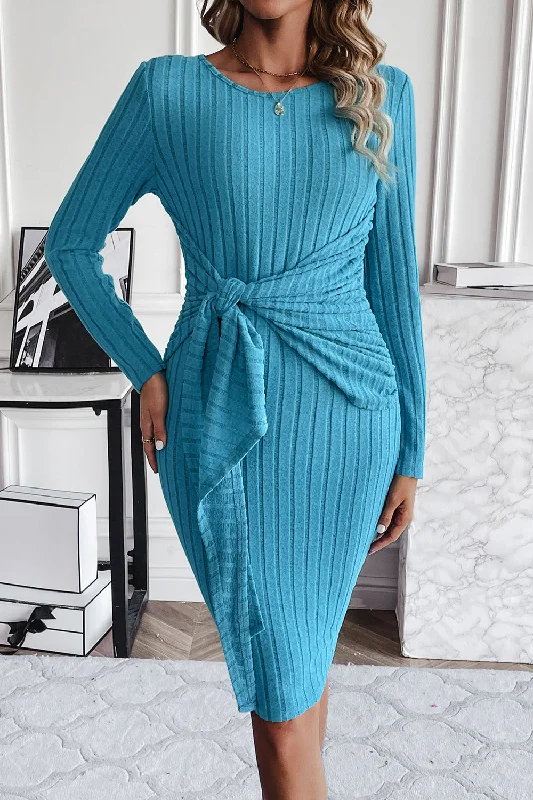 Limited Stock elegant evening dressRibbed Tied Long Sleeve Wrap Dress