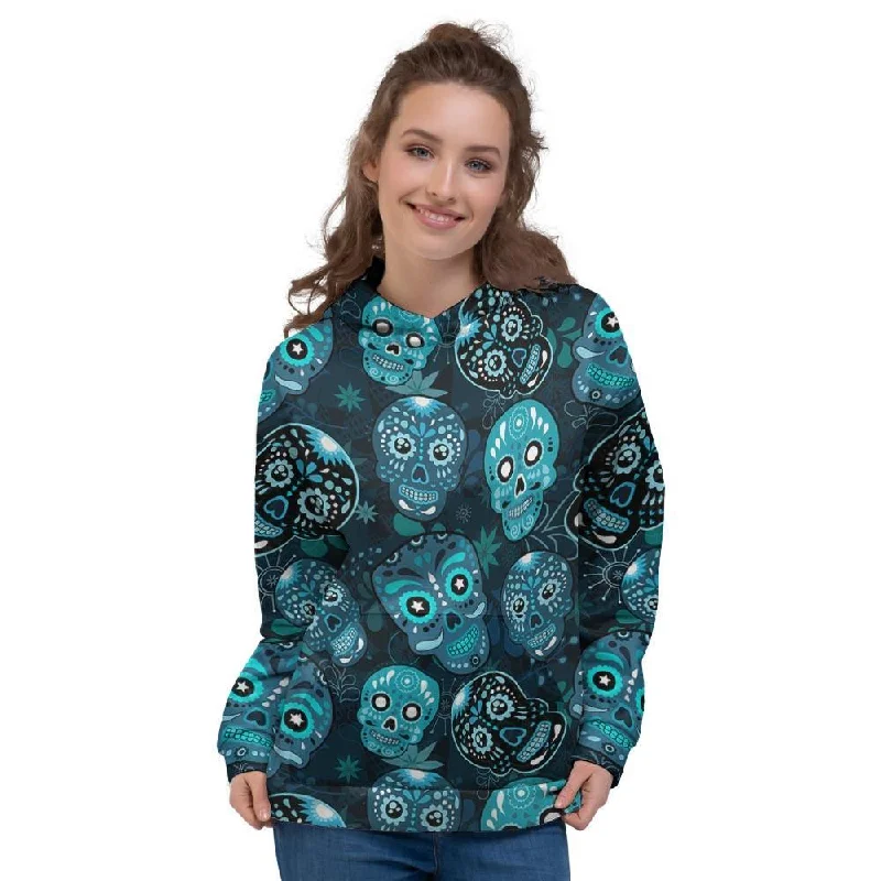 Big Savings Blue Sugar Skull Print Women's Hoodie