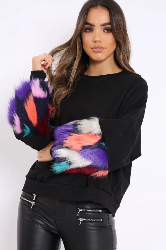 Price Drop high-quality pulloverBlack Sweatshirt with Multicolour Fur Sleeves - Loise Price Drop high-quality pulloverBlack Sweatshirt with Multicolour Fur Sleeves - Loise