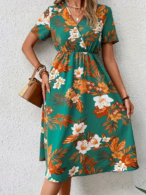 Overstock satin dressFloral Surplice Short Sleeve Dress