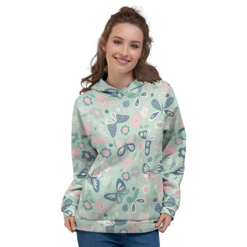 Limited Time Discount Floral Mint Butterfly Print Women's Hoodie