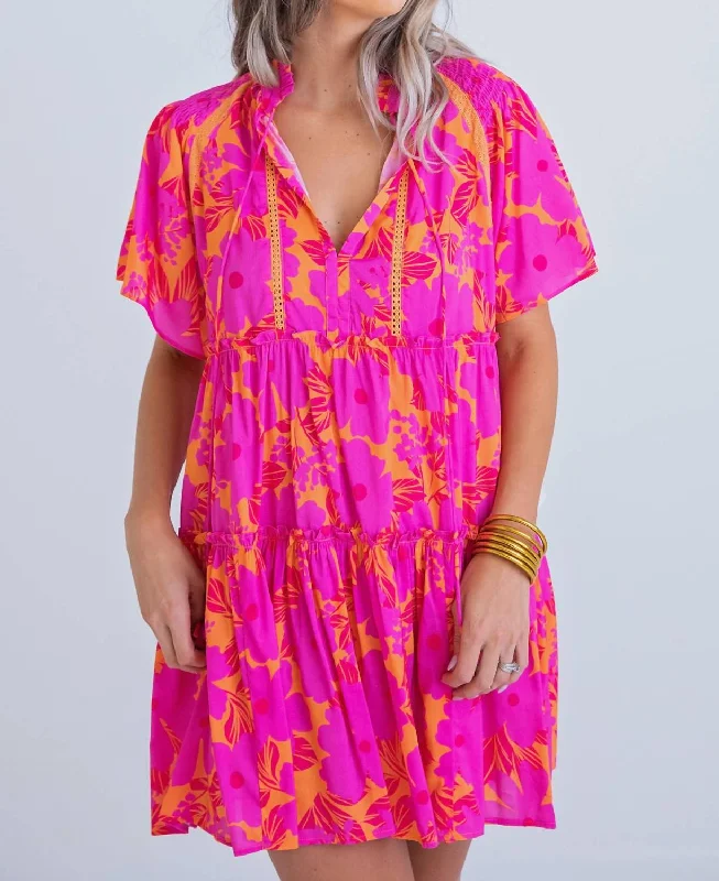 Buy Now layered dressTropical Smocked Shoulder Dress In Pink