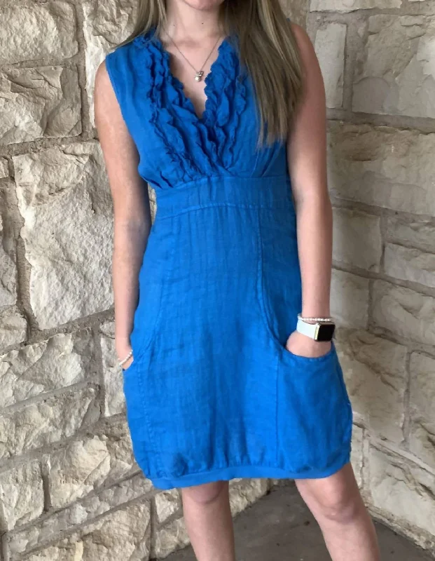 Deep Discounts statement dressLinen V-Neck Ruffle Dress In Royal Blue