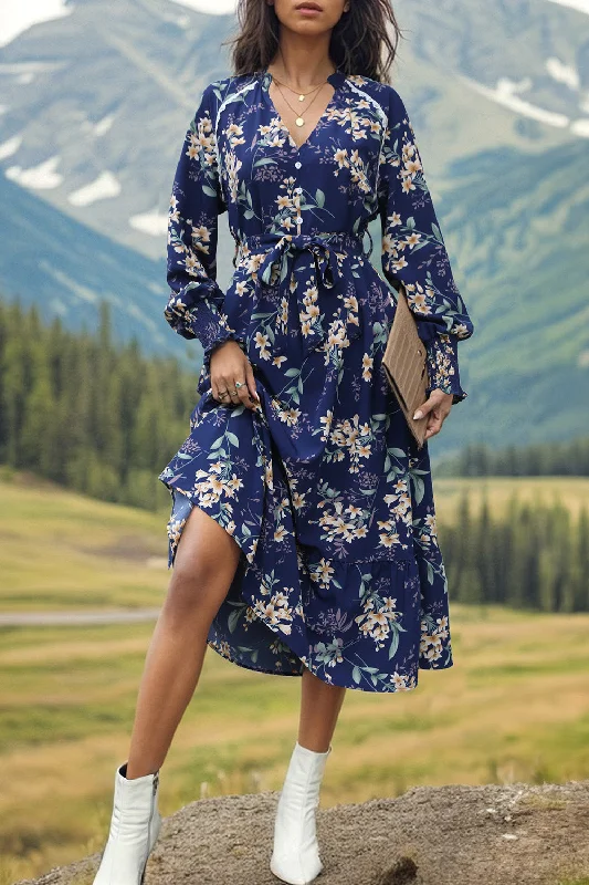 Overstock Sale wrap dressPrinted Notched Lantern Sleeve Midi Dress