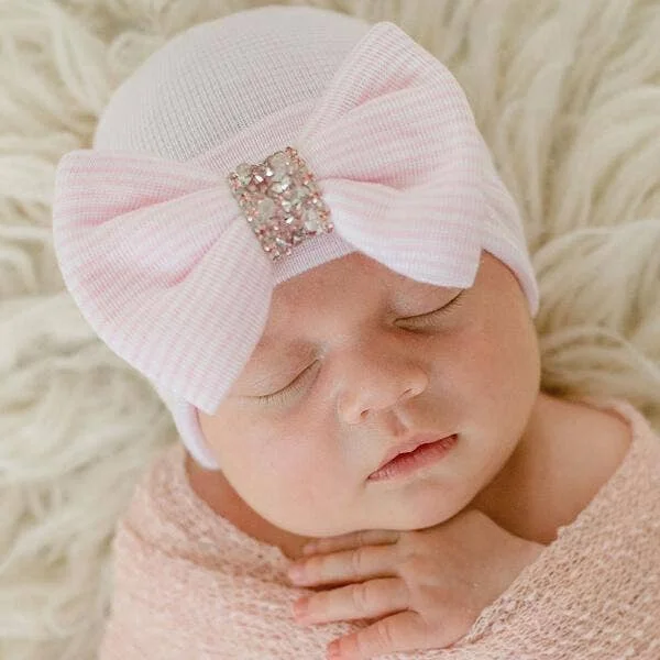 Price Buster flowy evening dressilybean Pink Striped Crystal Bow Newborn Girl Hat