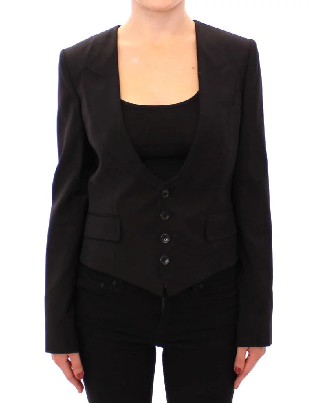 Limited Availability sleek puffer jacketDolce & Gabbana Elegant Silk-Blend Black Blazer with Scarf Back Women's Detail