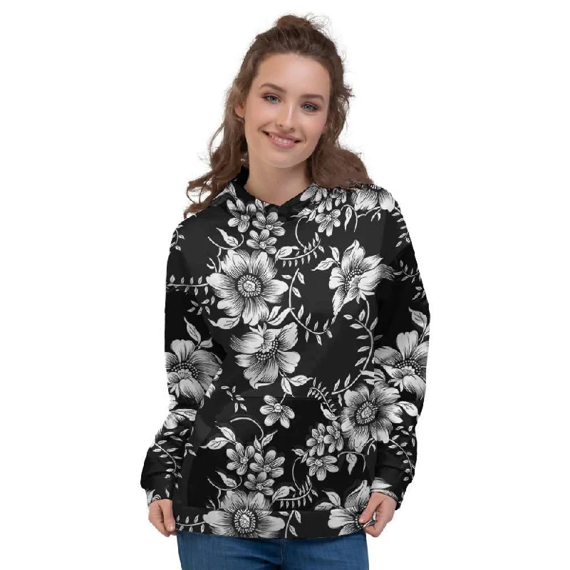 Exclusive Online Offer Black White Floral Print Women's Hoodie