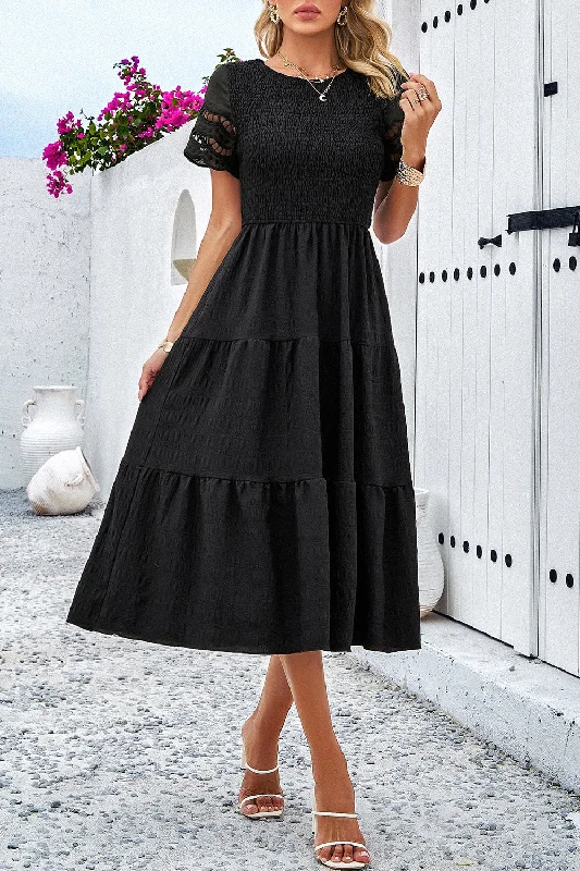Weekend Deal elegant dressSmocked Round Neck Short Sleeve Midi Dress