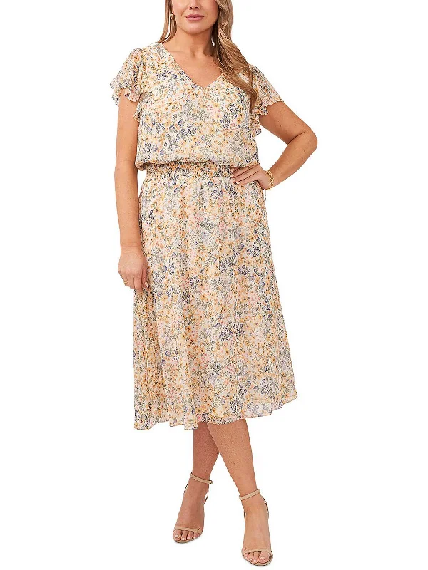 Discount Deals textured dressPlus Womens Smocked Floral Midi Dress