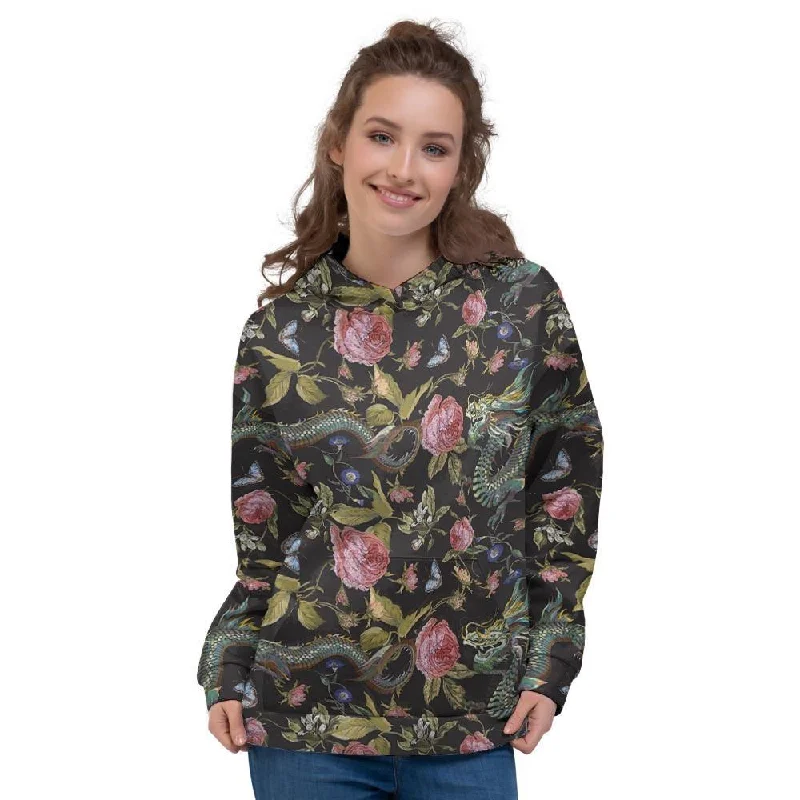 Final Clearance Janpanese Floral Dragon Print Women's Hoodie