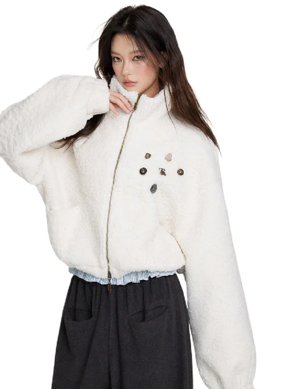 Online Specials fashion-forward jacketTeddy Fleece Button-Decorated Jacket