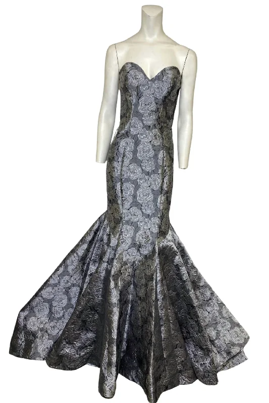 YEAR-End Sale sleek dressJacquard Classic Evening Gown In Grey And Silver Floral