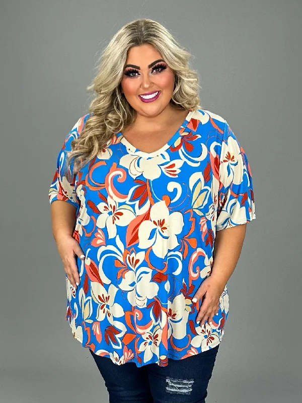 TIME-Limited Offer office dress80 PSS-A {Floral Attitude} Blue Floral V-Neck Tunic CURVY BRAND!!!  EXTENDED PLUS SIZE 4X 5X 6X (May Size Down 1 Size}